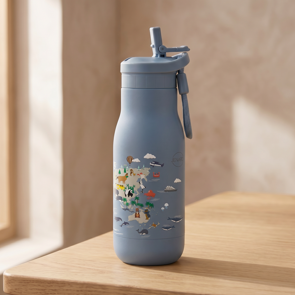 Botella de acero inoxidable para niños JENARD® – mapa del mundo azul