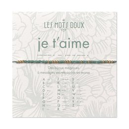 A delicate, silver-plated bracelet with a Morse code message that says "I love you". The bracelet is made of beads and has a simple, elegant design.