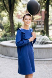 Deep blue A-line knit dress, long sleeves, elegant casual style, comfortable everyday wear.