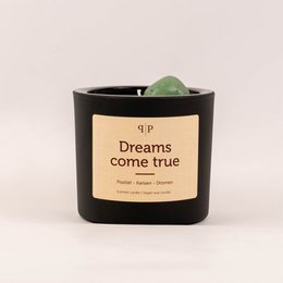 Gemstone scented candle with a floral, fruity aroma. Candle is round in shape with a black container. Contains a green gemstone accent.