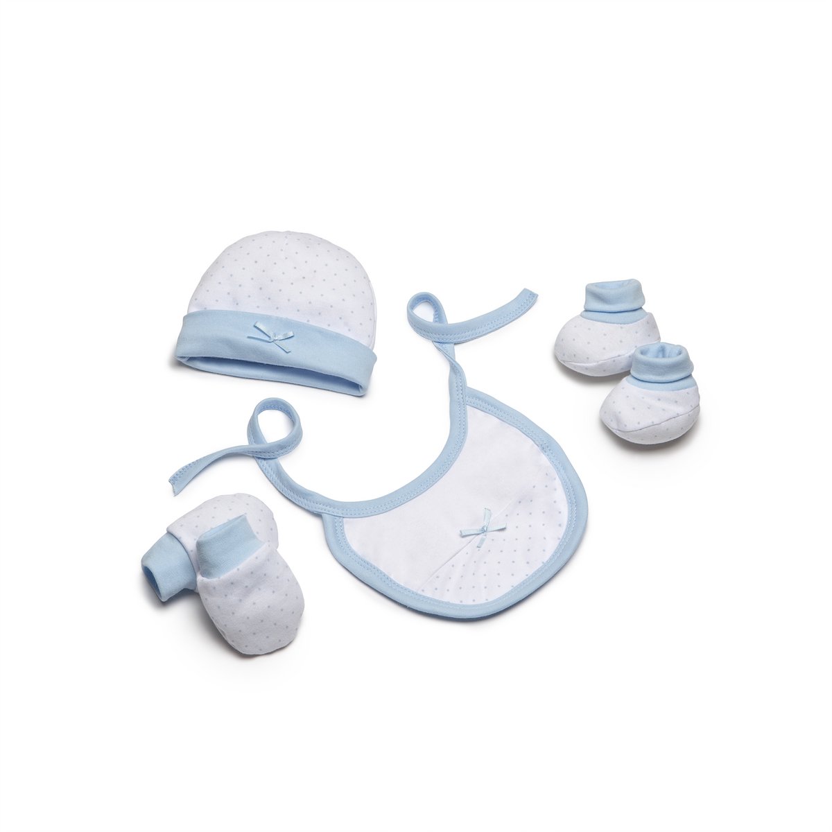 SET 4 STUKS (MUTS+HANDSCHOENEN+SLABBER+SOKKEN) VOOR NIEUWBORGEN (0-6 MAANDEN) - 100% KATOEN - MOD. BLAUW