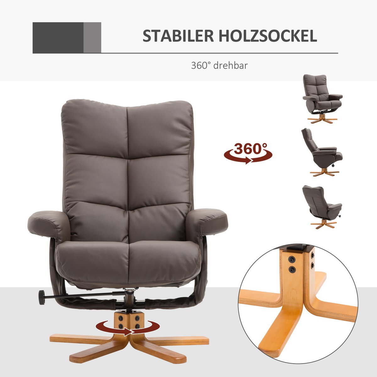 Relaxation chair with stool, 360° rotating TV chair with reclining function, reading chair for bedroom, living room, faux leather, brown