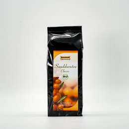  "Organic sea buckthorn tea, classic blend, black packaging, loose leaf tea"