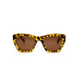  Tortoiseshell-patterned sunglasses with a bold, angular frame design.