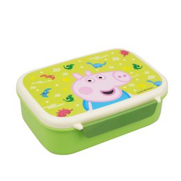  Green lunch box with Peppa Pig character, yellow lid with dinosaur pattern, rectangular shape, plastic material.