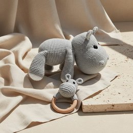Nuvinokids® Handmade Hippo Cuddly Toy and Teething Set made of 100% Cotton