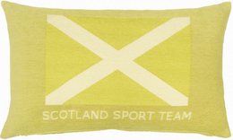 Lime green cushion cover with Scotland sport team logo. Rectangular shape, made of soft fabric.