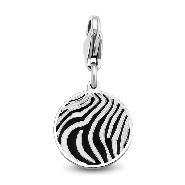 CO88 Collection Charms 8CH 00013 Stahlanhänger – 15 mm – Charm – Rund mit Zebramotiv – Emaille – Schwarz und Weiß – Silberfarben