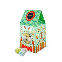  Colorful Easter-themed birdhouse-shaped chocolate gift box with a round window, featuring a bird and floral patterns.
