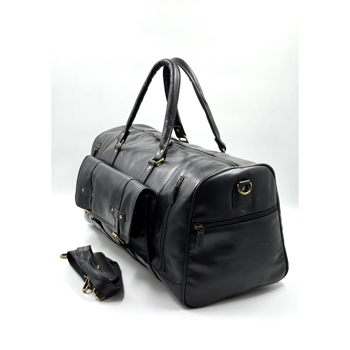 Borsa da viaggio in pelle marocchina nera fatta a mano - Borsone artigianale "Obsidian" a 6 tasche con scomparto per scarpe dedicato