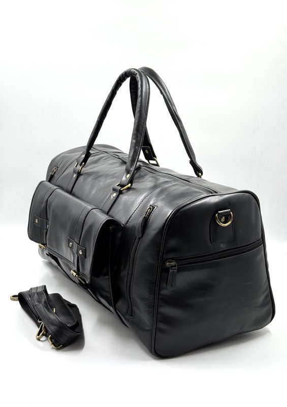 Borsa da viaggio in pelle marocchina nera fatta a mano - Borsone artigianale "Obsidian" a 6 tasche con scomparto per scarpe dedicato