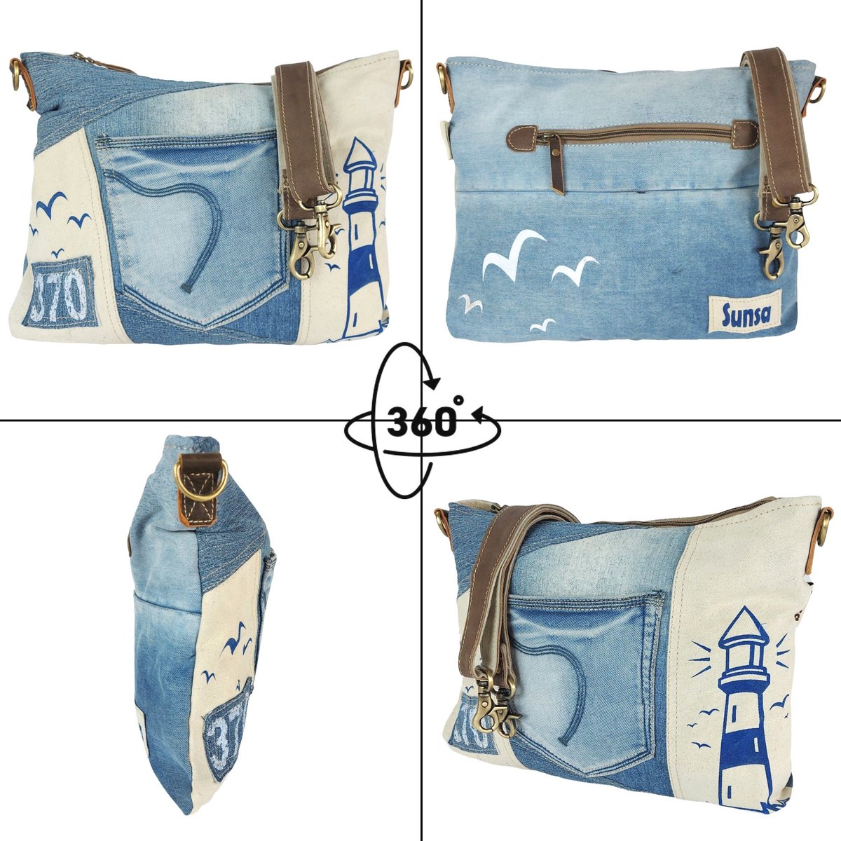 Zrównoważona damska torba na ramię Sunsa. Torba na ramię wykonana z dżinsów i płótna z recyklingu (płótno). Torebka w stylu retro vintage. Torba na ramię dla kobiet.