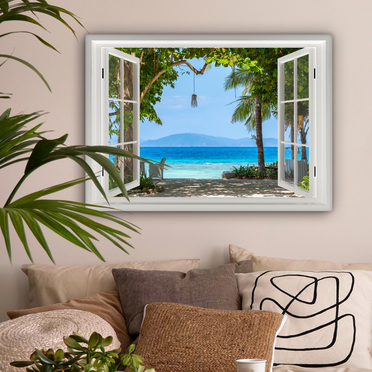 Pintura de lienzo - Decoración de pared - Vista - Boom - Sea - Palmada - Colinas - Playa - Azul
