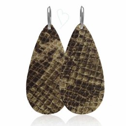 Stunning snake-patterned leather earrings in gold-plated sterling silver and sterling silver, available in sizes L, M, and S.