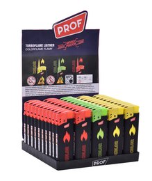 Assorted display of 50 Prof brand rubber torch lighters in various bright colors including red, green, and yellow.