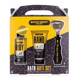 This gift set for men includes a body wash, hand cream, and bottle opener in a stylish gift box. The set features a sleek black and yellow design with a masculine aesthetic.