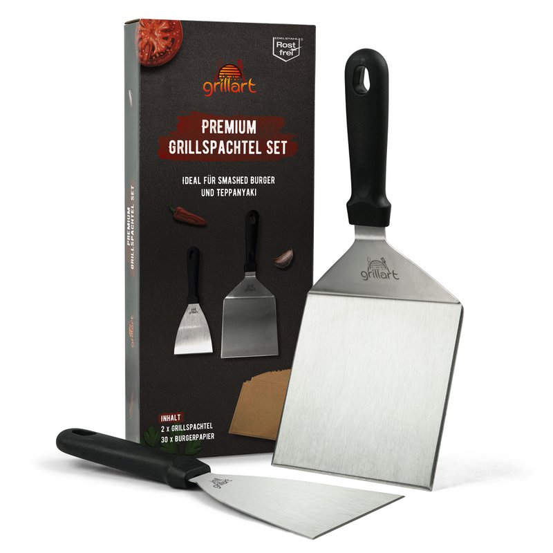 Premium Grill Spatuły wykonane ze stali nierdzewnej o wysokiej jakości dla roztrzaskanego burgera w tym. 30 kawałków papieru do nalewania - Grill Spatuły dla Plancha i Teppanyaki - Grill Turner wykonany ze stali nierdzewnej - idealne akcesoria grillo