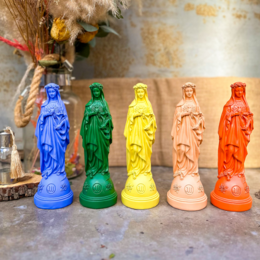  Colorful statuettes of the Virgin Mary in various spring and summer colors, including orange, lemon yellow, jungle green, peach, and lavender.