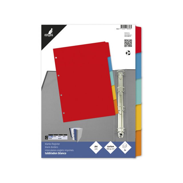 Onglet Kangaro A4 vierge en carton recyclé manille 180grs 4r. 5 pièces assorties