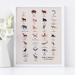  Colorful animal alphabet art print featuring a variety of illustrated animals from A to Z. Suitable for kids' room decor.