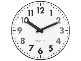 A round white wall clock with black hands and numbers, measuring 20 cm in diameter. The clock is called "NeXtime Duomo Mini" and has a simple, minimalist design.