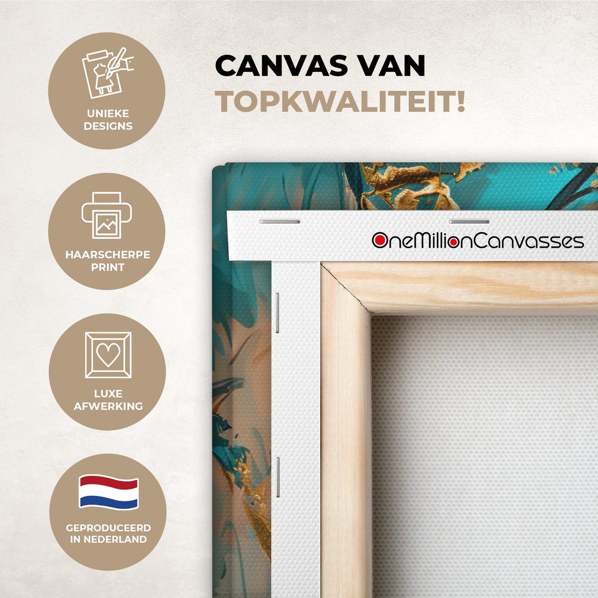 Canvas schilderij  - Wanddecoratie - Bloemen - Vaas - Stilleven - Beige
