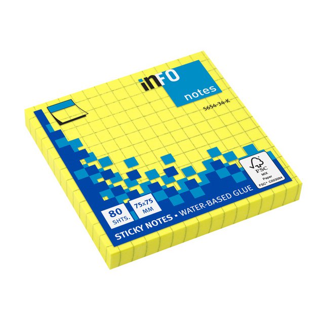 Info notes 75x75mm ruitjes fel geel 80 blad