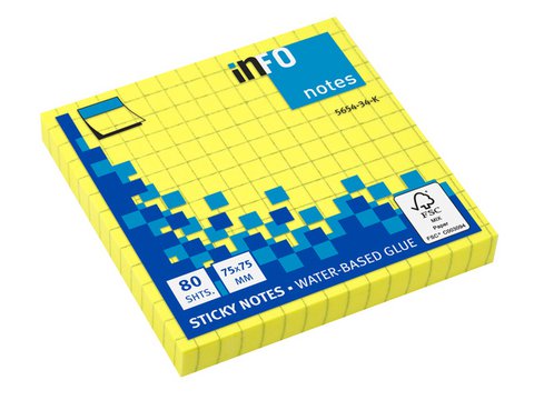 Info notes 75x75mm ruitjes fel geel 80 blad