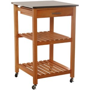 KITCHEN TROLLEY WITH DRAWER AND 2 WOODEN SHELVES STAINLESS STEEL LID. _54X54X86CM-WOOD:PINE LL80797