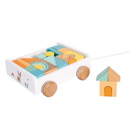 Wooden pull-along block cart with 26 colorful wooden blocks in various shapes and sizes, including rectangles, squares, and triangles in pastel blue, yellow, and orange tones.
