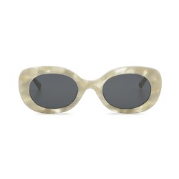 Oval-shaped sunglasses with a cream-colored frame and dark lenses. The sunglasses have a retro, vintage-inspired style.