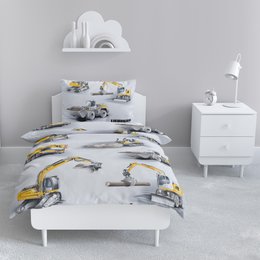 Beaver bed linen set 135x200cm, featuring excavators in silver and yellow. Includes various construction vehicles and machinery. Suitable for a child's bedroom or playroom.