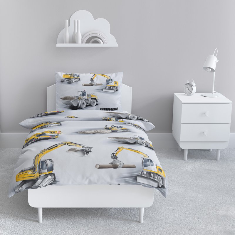 Liebherr beaver bed linen set 135x200cm excavator in silver yellow