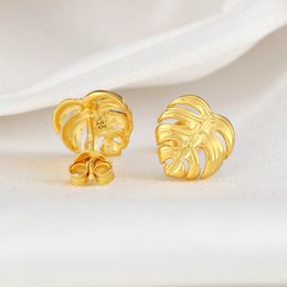 Orecchini a bottone con foglie Monstera - Placcati in oro 925 - Orecchini con foglie esotiche - OHR925-76