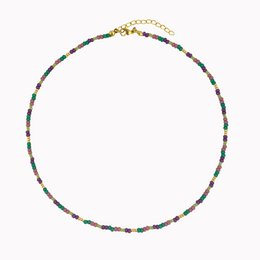 "Colorful beaded necklace with a variety of small beads in different shades of green, red, and gold. The necklace has a delicate, nature-inspired design that would complement a variety of outfits."