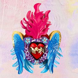 A vibrant, heart-shaped relief image with a fiery red flame, blue wings, and a decorative heart motif. The image features a bold, colorful design that would be suitable for a variety of home decor or gift items.