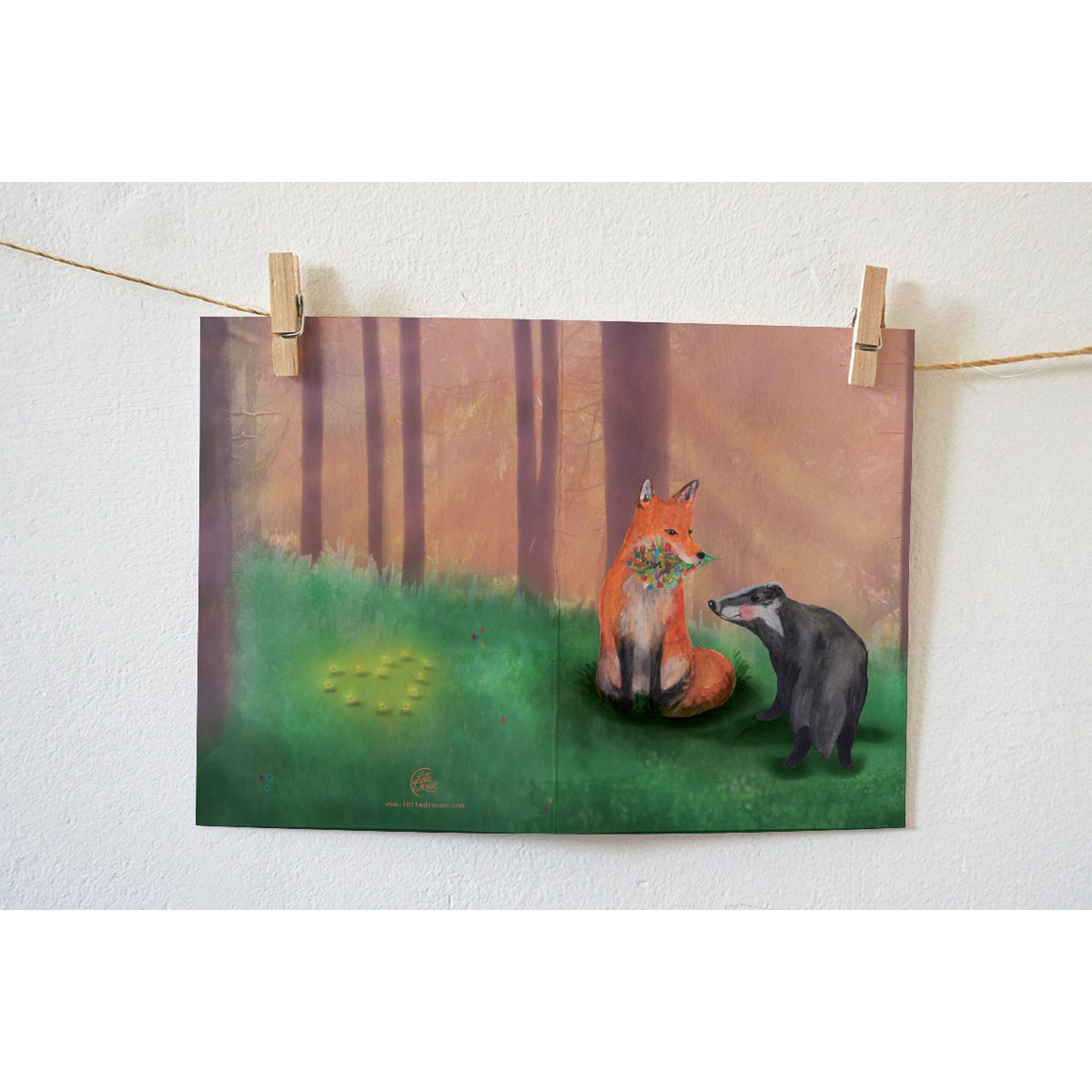 Greeting card love between fox and badger