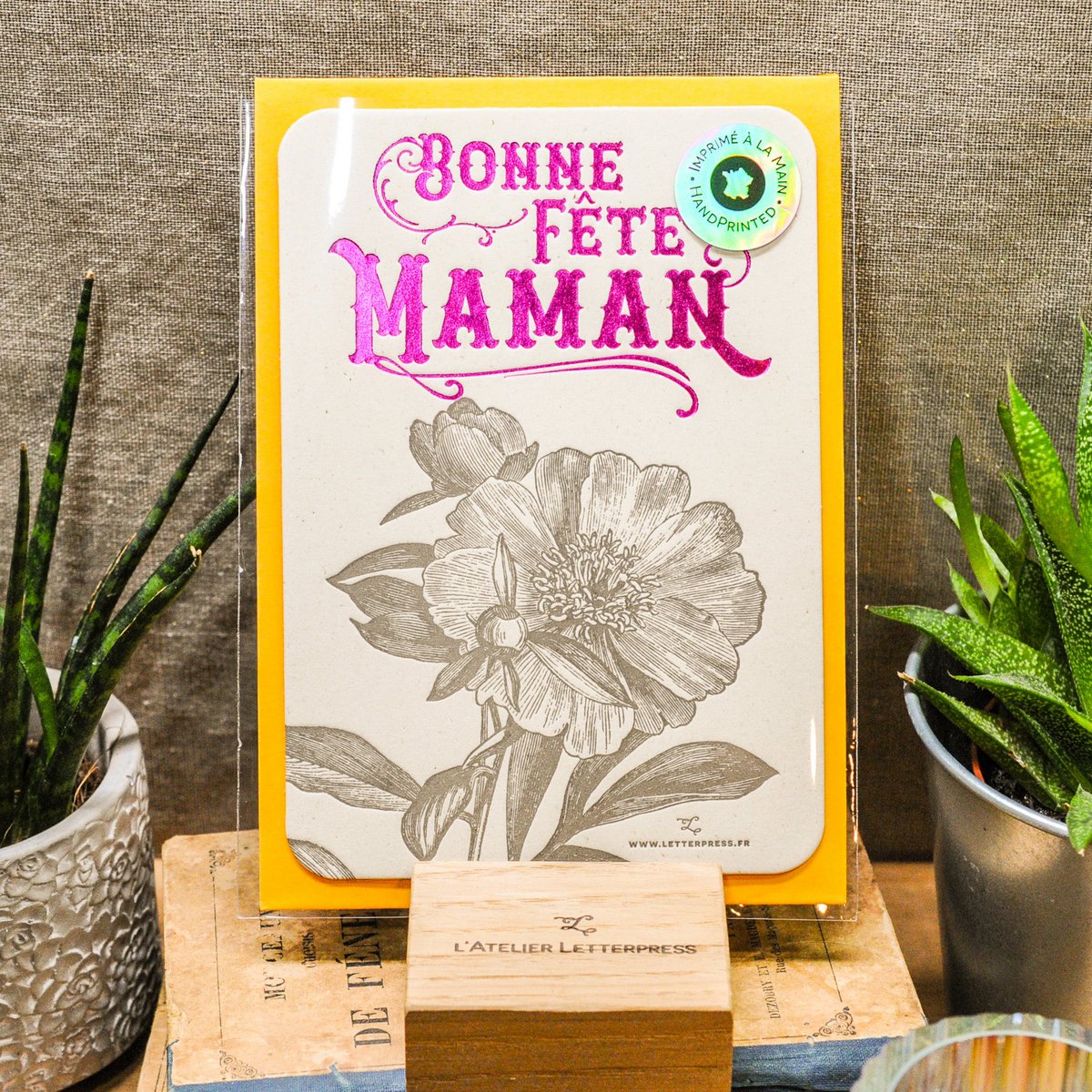 Letterpress Camélia Happy Mother’s Day card, pink (with envelope)