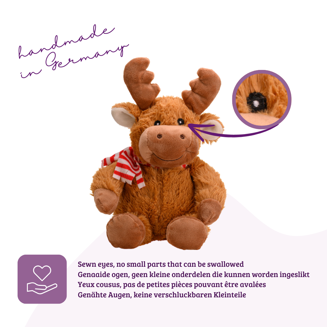 Heat cushion, the natural hot water bottle as a warm cuddly toy, large moose with organic millet filling and health herbs