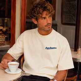  Boxy fit cream white t-shirt with Paris Departure text print, short sleeves, casual men's style