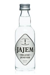 Small glass bottle of organic Jajem Genever liquor. Clear glass bottle with silver cap and label featuring the Jajem brand name and 'organic' text.