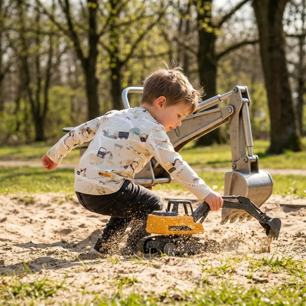 Beige Kids Long Sleeve Shirt with Excavator Print
