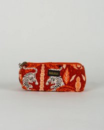 Red quilted tropical pen case with white leaf and zebra print pattern, kids storage pouch.