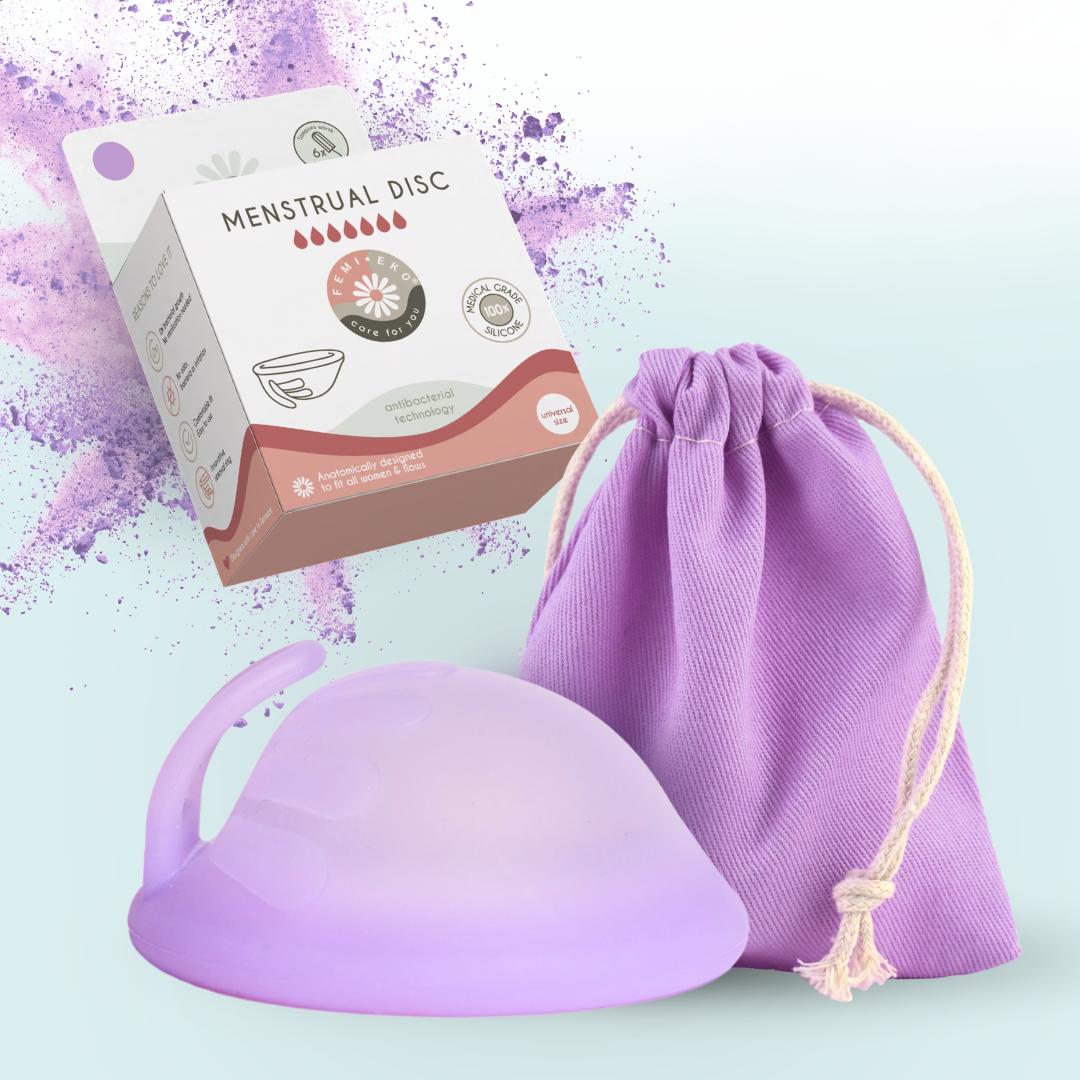 Disco menstrual seguro universal Femi.Eko®: comodidad reutilizable con tecnología antibacteriana SaniConcentrate™, capacidad de 50 ml