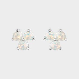 Silver statement earrings with round white opal stones set in claw settings.