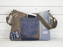 Sunsa Women's Sustainable Shoulder Bag. Shoulder bag made from recycled jeans & canvas (canvas). Handbag vintage retro style. Crossbody bag for women.