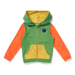 Green, orange, and yellow zip-up hoodie with "Just Imagine" text on the back. Hooded design with colorblock pattern. Suitable for kids aged 9 months to 6 years.