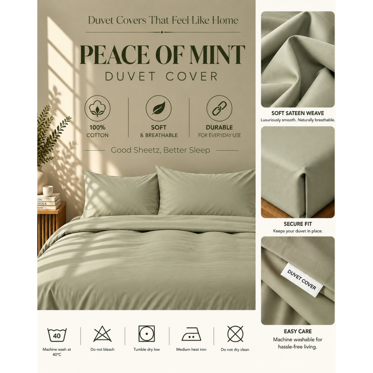 Housse de couette - Satin de coton 400 fils au pouce - Paix de menthe
