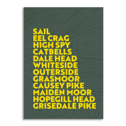 "The North Western Fells Print A4 is a wall art piece featuring the names of various fells or hills in the Lake District region of England. The text is displayed in a bold, yellow font against a dark green background, creating a striking visual contrast."