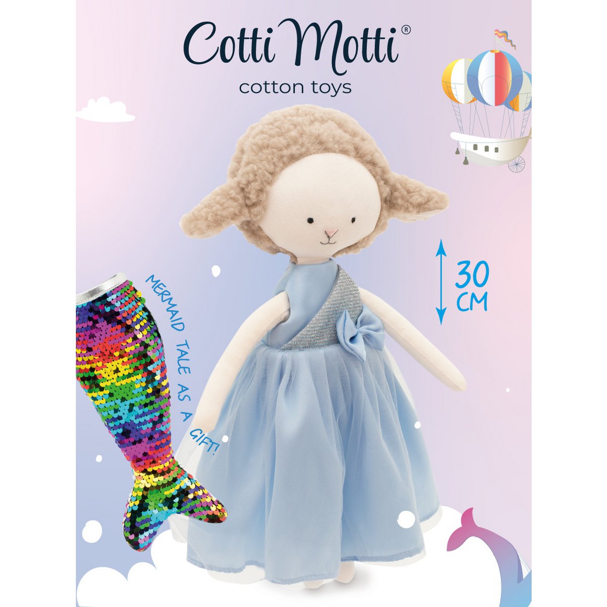 Coton Toy mou, Cotti Motti - Zoe The Mouton: Robe en satin bleu + conte de sirène bonus (30 cm)